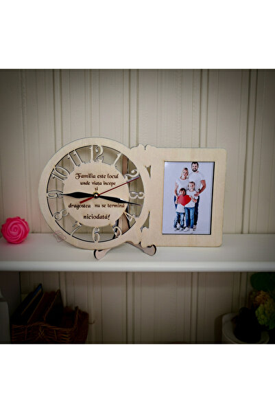 damoro Desk clock, 1 picture, engraved text Family, wood