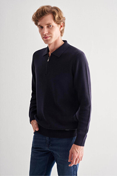 İmza Dark Navy Blue Zippered Polo Neck Long Sleeve Pocketless Comfort Fit Casual Cotton Knitwear Sweater 1012255202