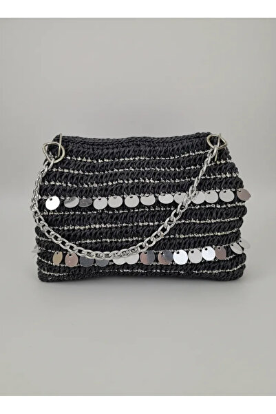 El Emeği Siyah Kağıt İp Örgü Pullu Zincirli Omuz Çantası -