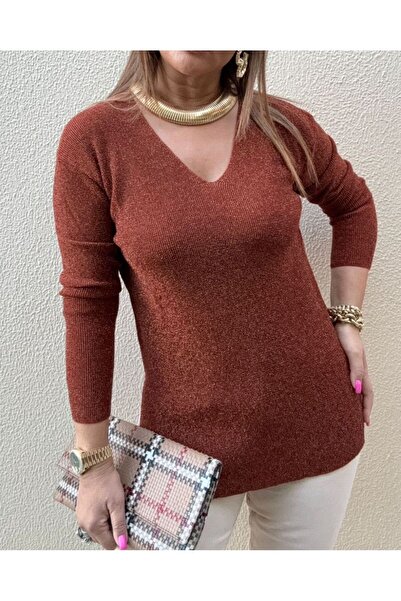 AGORATEKSTİL Women's Long Sleeve Side Slit V-Neck Glitter Sweater