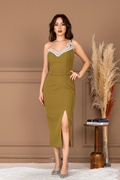 BEYBOS Atlas Kumaş Taş Detaylı Kalem Elbise - HARDAL