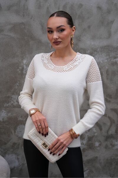 AGORATEKSTİL سترة صوفية نسائية بأكمام طويلة وياقة وتفاصيل دانتيل على الكتفين