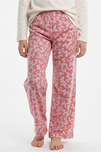 Kyron Girl's Cream T-Shirt and Butterfly Patterned Pink Pants Set