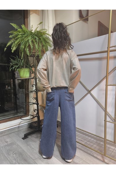 Şimo Butik Eid Girl's Wide-Leg Jeans Pants Set (Sweatshirt + Elastic Waist Pants) Starry Blue