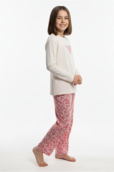 Kyron Girl's Cream T-Shirt and Butterfly Patterned Pink Pants Set