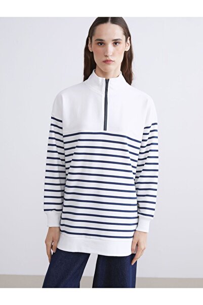 LC Waikiki Lcw Modest Stand Collar Striped Women's Sweatshirt Tunic