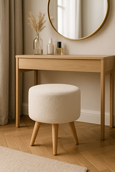 Lunova Home Modern Dekoratif Ahşap Masif Ayaklı Beyaz Teddy Puf Bench Tabure Koltuk