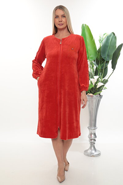 STELLETO Women's Sleeve Lace and Stone Detailed Zippered Plus Size Velvet Dress