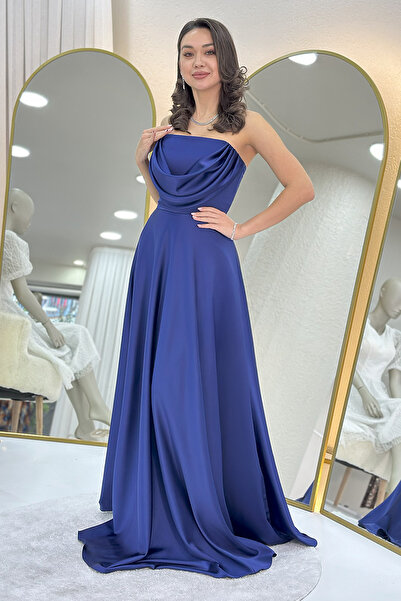 zks grup tekstil Kadın Straplez Saten Uzun Abiye Elbise Bordo, Haki, Kırmızı, Lacivert, Siyah, Taba