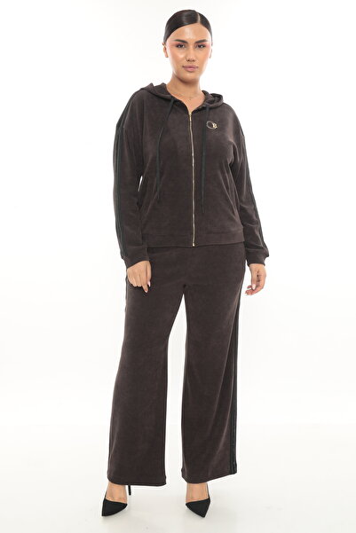 EXİTLİNE Women's Winter Zippered Hooded Custom Embroidered Comfortable Velvet Brown Tracksuit Set