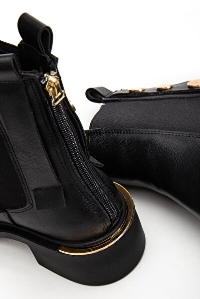 RİSSOLİ Kadın Siyah Cilt Gold Zımba ve Topuk Detaylı Yanı Lastikli Bot