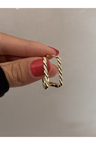 Butik YSX Çelik 14K Taşlı Dikdörtgen Küpe