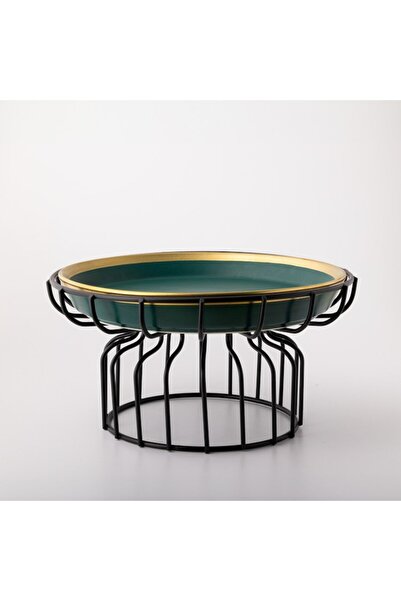 Malooki Matte green and gold fruit or cake platter with black stand, 22 cm