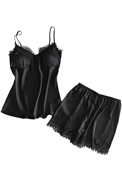 Margoun طقم بيجامة من الساتان مع بلوزة قصيرة وحواف دانتيل - مقاس واحد (Y109)