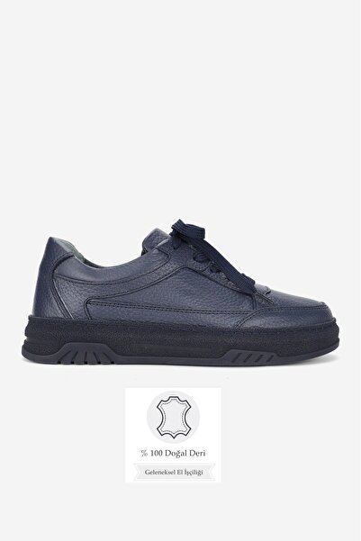 TUNAELLİ Women's Dark Blue Genuine Natural Leather Size 36-41 Lace-Up Sneaker Shoes