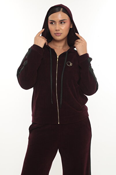 EXİTLİNE Women's Winter Zippered Hooded Custom Embroidered Comfortable Velvet Burgundy Tracksuit Set