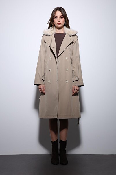 Antioch Beige Faux Fur Collar Women's Trench Coat