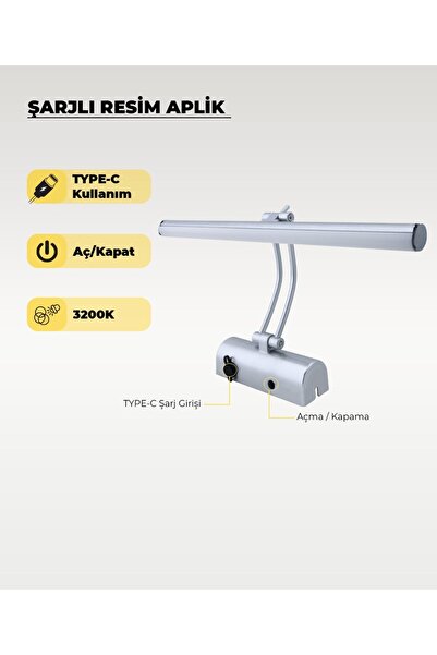 AC AYDINLATMA Şarjlı Krom Flüt Aplik 3200K Sarı Işık – Elektrik Gerektirmez