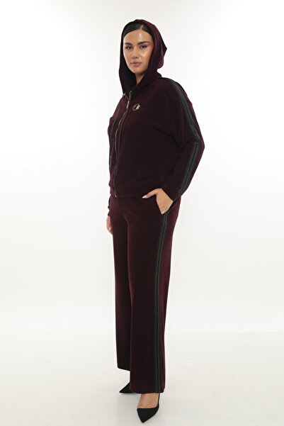 EXİTLİNE Women's Winter Zippered Hooded Custom Embroidered Comfortable Velvet Burgundy Tracksuit Set