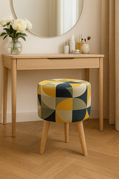 Lunova Home Modern Dekoratif Ahşap Masif Ayaklı Desenli Kadife Puf Bench Tabure Koltuk