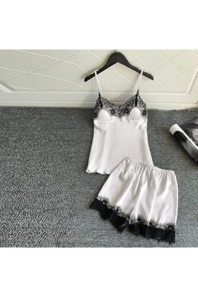 Margoun Satin Cami Top & Shorts Pajama Set with Lace Trim, One Size (Y109)