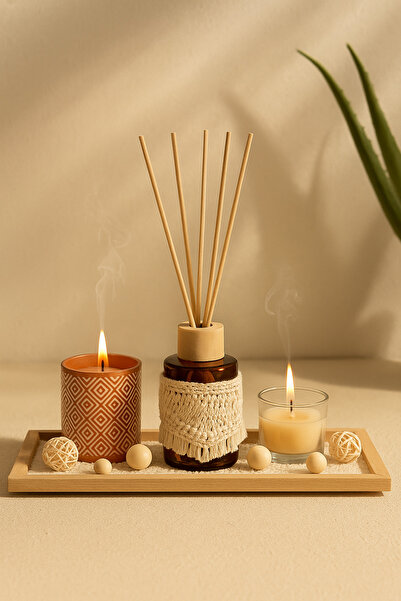 Şahane Pazar Çubuklu Koku Mum ve Tepsi Dekoratif Set SHN-2057