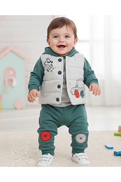 VOY KİDS Baby Boy 3-Piece Stylish Top and Bottom Set with Fiber Vest / 6-9-12-18 Months Seasonal 3-Piece Cool Set