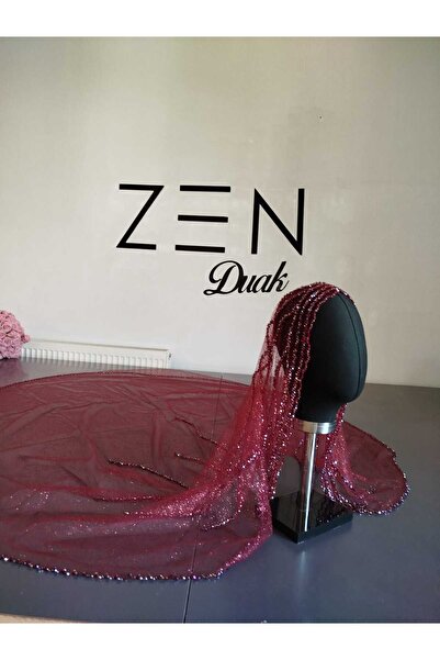 ZEN DUVAK Simli Bordo Nakışlı Gelin Duvağı