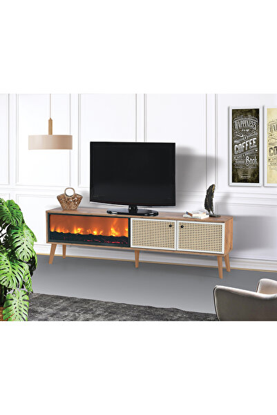 comiet Hazeran hasır detaylı elektrik şömineli tv sehpası konsol