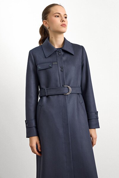 Olcay Shirt Collar Snap Fastener and Leather Detailed Gabardine Suede Top Coat Dark Blue 6799