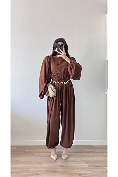 LOCH BUTİK Women's Brown Sleeves Pleated Waist Gathered Maxi Jumpsuit
