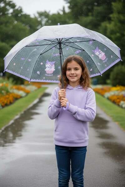 SANRIO Lisanslı Şeffaf Uzun Saplı Şemsiye ((Kuromi)