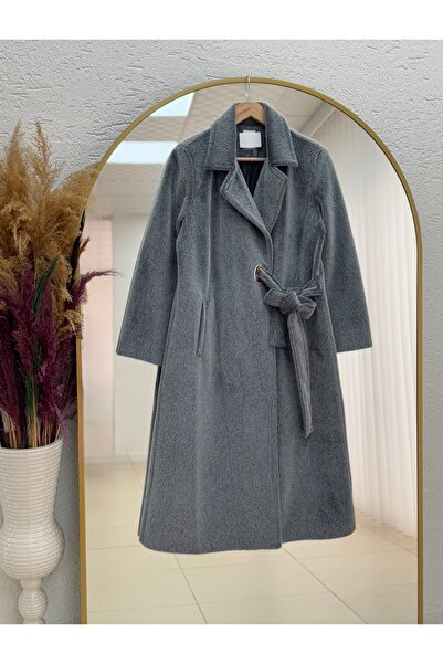 BENAHOLL Cametta Double-Breasted Collar Block Belt Transition Coat-Br70025 Gray