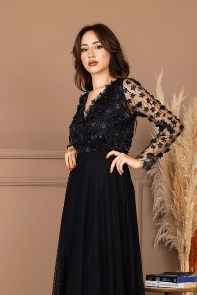 BEYBOS Rochie lungă cu flori tridimensionale, negru