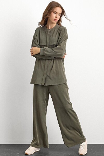 Olcay Crew Neck Premium Sweat Double Suit with Front Placket Khaki 9384-Tk