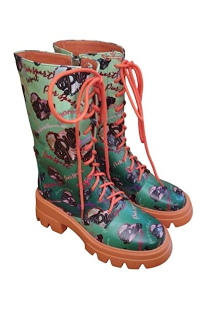 Pier Ghete de damă, piele ecologică, platformă de 8 cm, imprimeu „Pier is love”, verde, mărimea 38