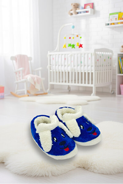 Butik Navy Blue Fleece-Lined Children'S/Baby Slippers with Dog Figure