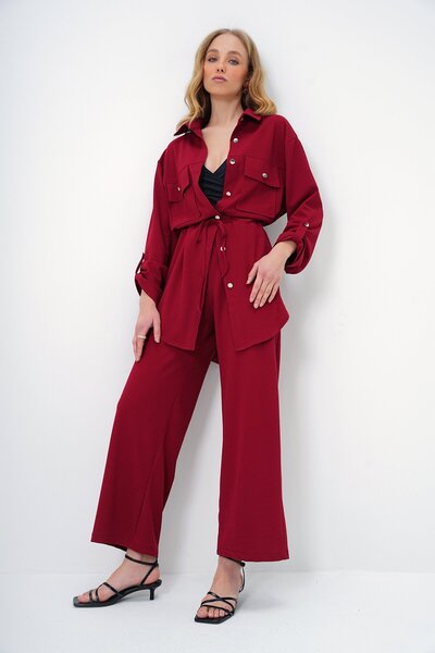 VAGGON Women's Wine Double Pocket Safari Jacket and Wide Leg Aerobin Pants Suit with Elastic Waist Ymx8448