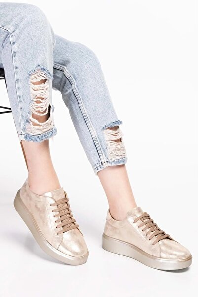 Wish BF Women's Gold Metallic Genuine Leather Sneaker - High/Platform Sole Lace-Up Casual Shoes