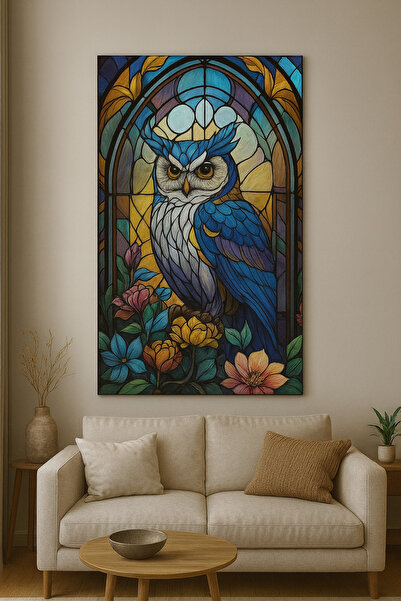 BLT DİZAYN Baykuş Vitray Desenli Cam Tablo – Bilgelik ve Renklerin Büyüleyici Uyumu