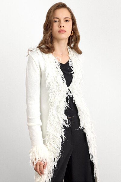 Olcay Tassel Detailed Long Knitwear Cardigan Ekru 8281