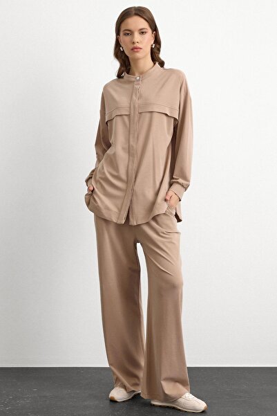 Olcay Crew Neck Premium Sweat Double Suit with Placket on the Front Beige 9384-Tk