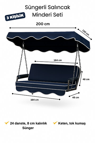 zishtekstil Keten Kumaş Süngerli Gölgelikli 3 Kişilik Salıncak Minderi 8 cm