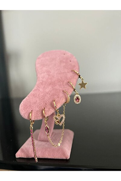 ELENKA ZİRKON VE ELMAS TAŞLI KALPLİ YILDIZLI MODEL 6LI KÜPE SET