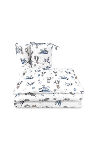 MimiNu Lenjerie patut cu 3 piese, MimiNu, Pentru patut 120x60 cm, Bumbac, Blu...