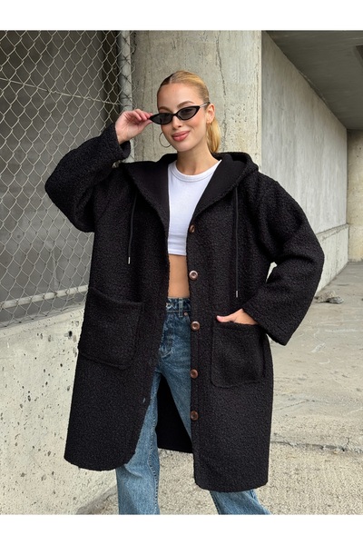 Tubik Women's Hooded Button Closure Long Boucle Coat