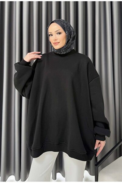 Gül Üç İplik Tesettür Sweatshirt Bisiklet Yaka Normal ve Büyük Beden