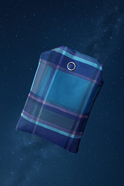 PUREYSMA Kareli Lacivert-Mor Katlanabilir Bez Alışveriş Çantası – Suya Dayanıklı ve Kılıflı