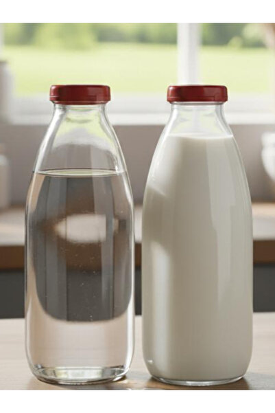 Milea 2 ADET Sızdırmaz Kırmızı Kapaklı Şeffaf Cam Süt Ayran Limonata Meşrubat Suluk Şişesi 1000 ml