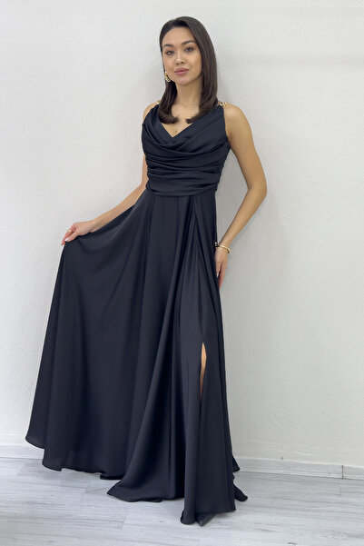 zks grup tekstil Kadın Gold Askılı Drapeli Saten Yırtmaçlı Abiye Elbise Bordo,Yeşil,Mor,Siyah,Lacivert,Saks,Gül K.